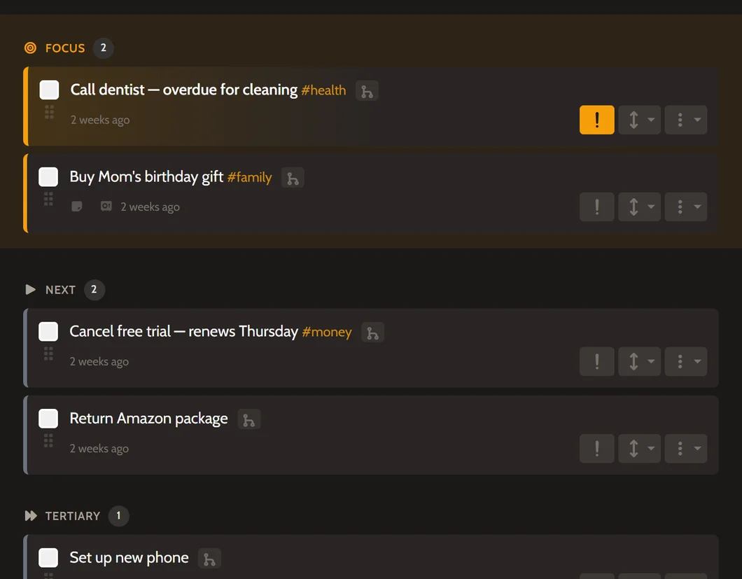 TDL home page showing Focus, Next, and Tertiary priority tiers with tasks