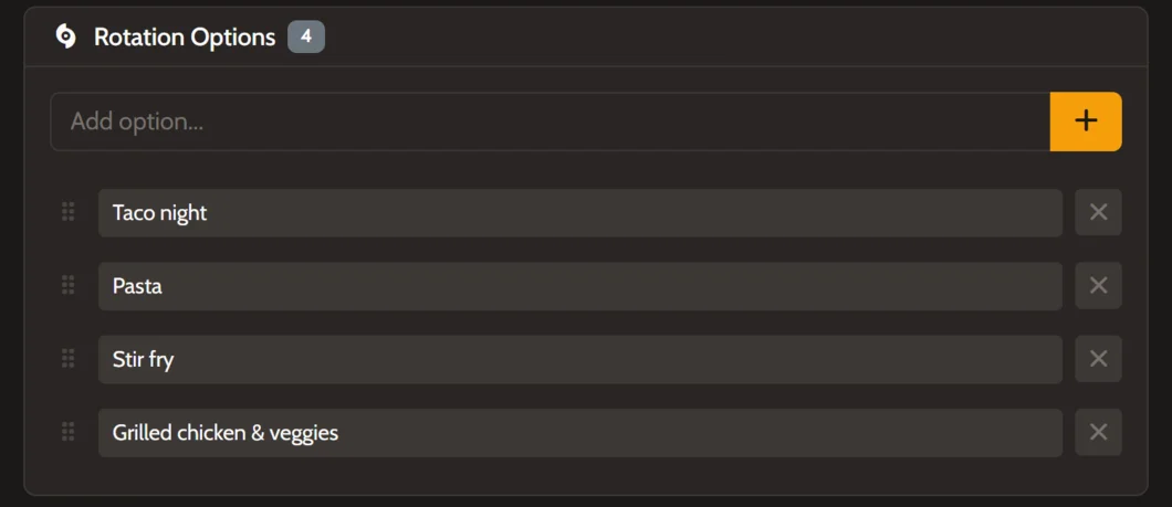 Rotation Options panel with four dinner choices that cycle automatically