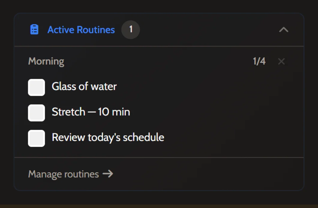 Active Routines showing a Morning checklist with four daily items