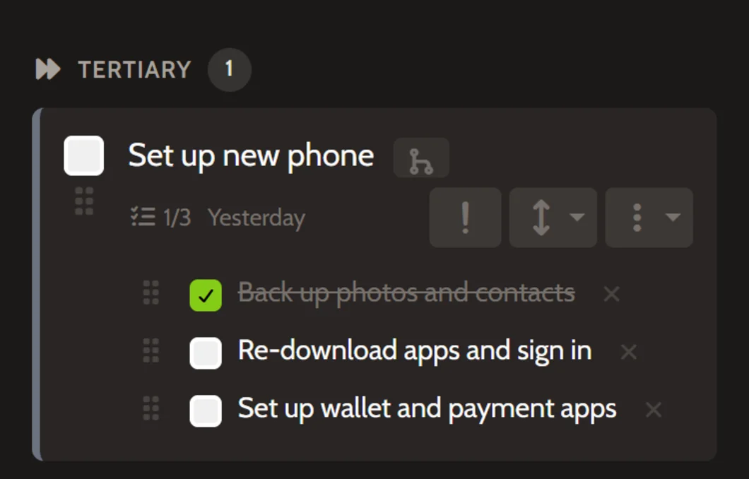 Task with expanded subtask checklist showing three steps