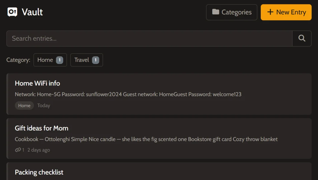 Vault knowledge base with search, categories, and entries